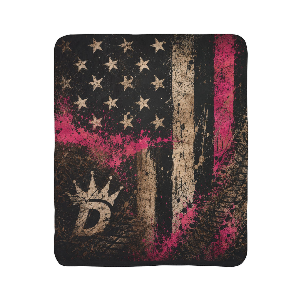 Distressed American Flag Sherpa Blanket with Pink Accent — Cozy Patriotic Throw