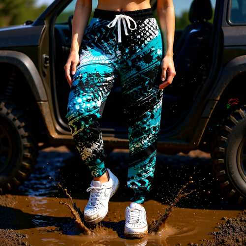 Teal, Black Grunge Aztec All-Over Printed Joggers