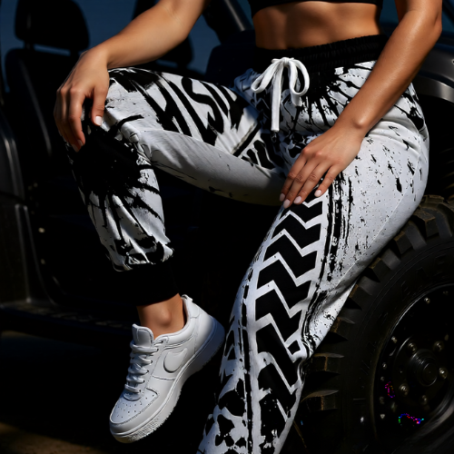 Dirtista Black & White Tire-Track Graphic Joggers
