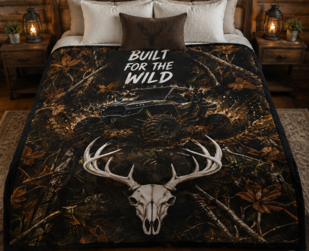 Built for the Wild Sherpa Blanket — Camo ATV & Deer Skull Fleece Throw