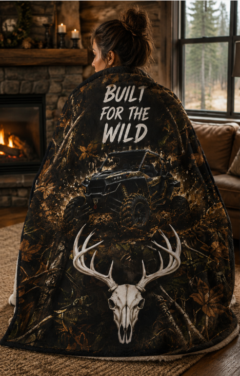 Built for the Wild Sherpa Blanket — Camo ATV & Deer Skull Fleece Throw