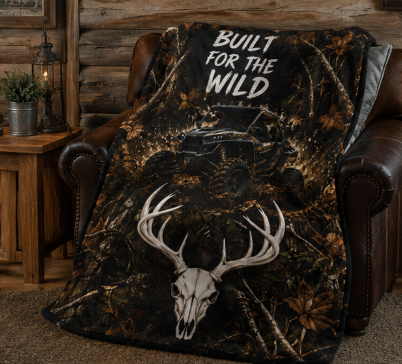 Built for the Wild Sherpa Blanket — Camo ATV & Deer Skull Fleece Throw