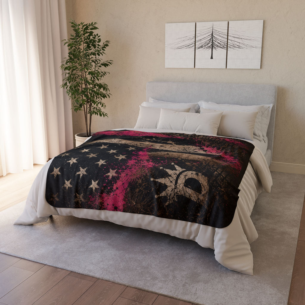 Distressed American Flag Sherpa Blanket with Pink Accent — Cozy Patriotic Throw